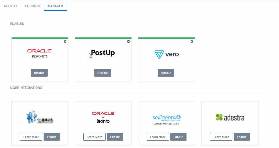 Gif showing the steps of setting up a Branch email service provider (ESP) integration. When a user selects their ESP, they see a setup screen where they can set up deep linking, configure the ESP, and validate and test the integration.