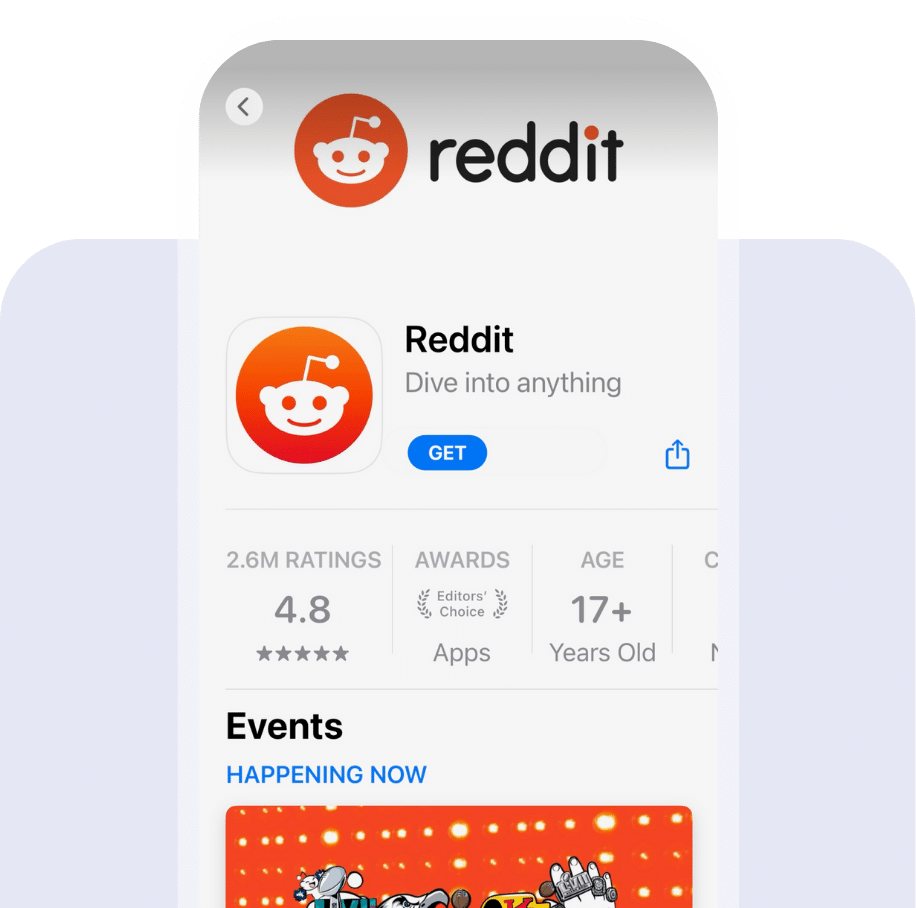 Screenshot of the Reddit app listing in the app store.