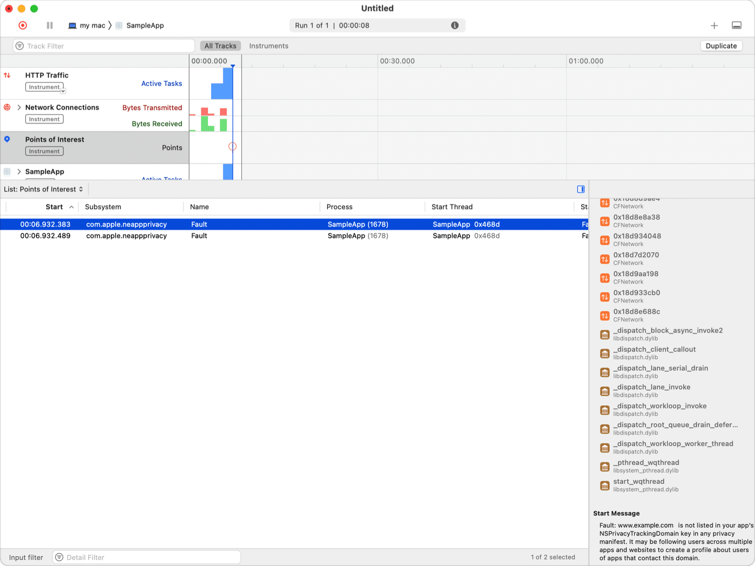 A screenshot of Instruments, showing points of interest in the timeline where the app has contacted domains that may be following people across multiple apps and websites to combine their activity into a profile. A point of interest is selected in the detail view.