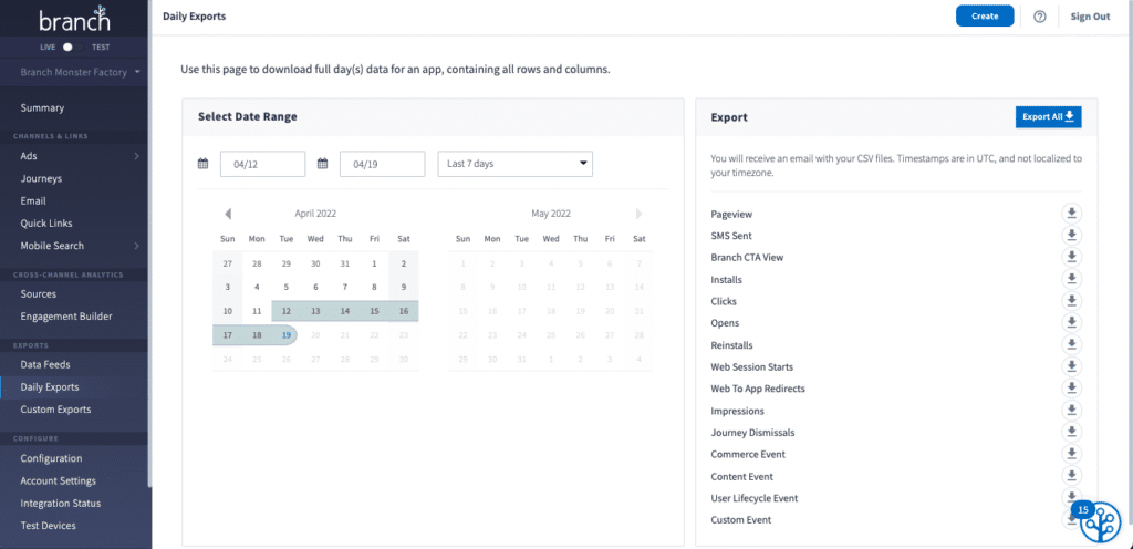 Daily Export API dashboard UI