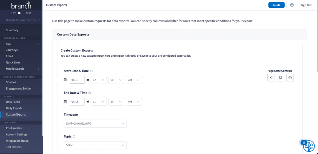 Custom Export API dashboard UI