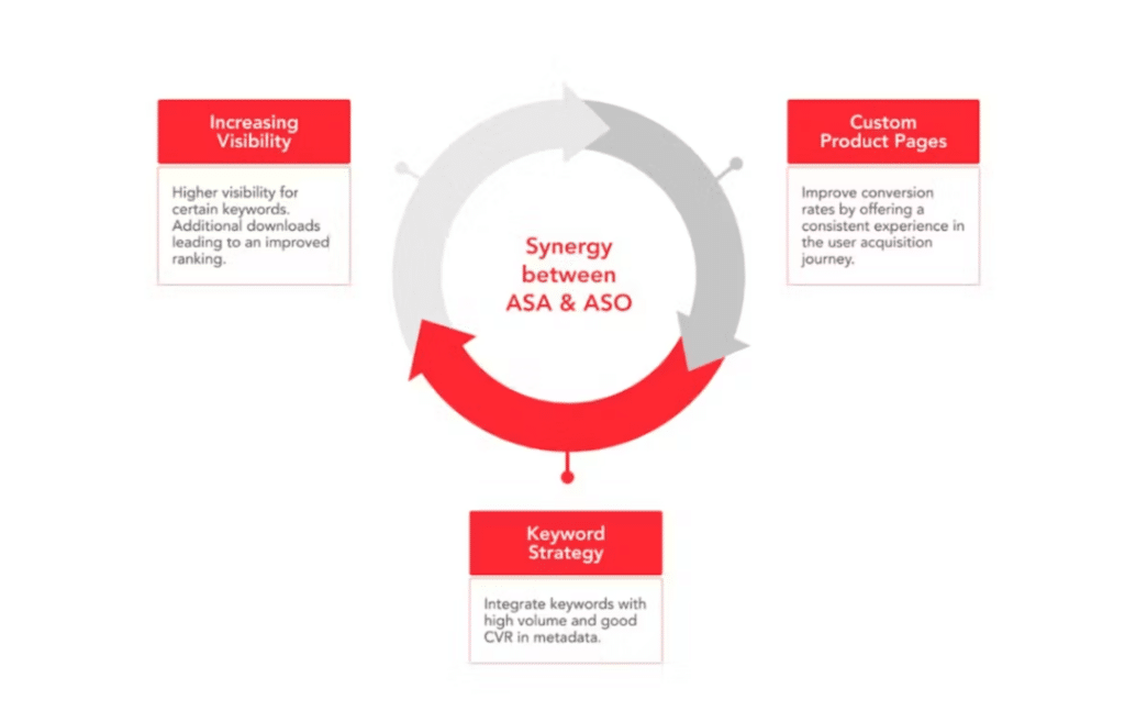 Image of the Synergy between ASA & ASO Custom Product Pages: Improve conversion rates by offering a consistent experience in the user acquisition journey. Leads to... Keyword Strategy: Integrate keywords with high volume and good CVR in metadata. Leads to... Increasing Visibility: Higher visibility for certain keywords. Additional downloads leading to an improved ranking. Leads back to... Custom Product Pages.