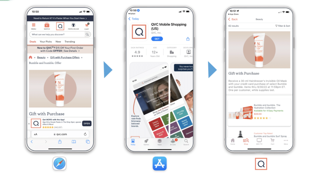 Image showing how deferred deep links take mobile web users directly to the QVC app for a free gift with purchase. 