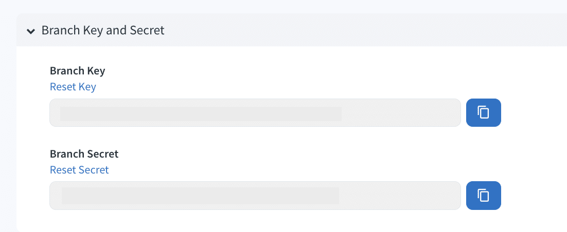 Screenshot of the Branch Key and Branch Secret fields within the Branch Dashboard.