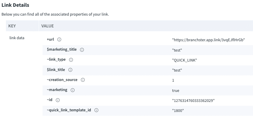 An image of the Link Details area where you can find all of the associated properties of your link.