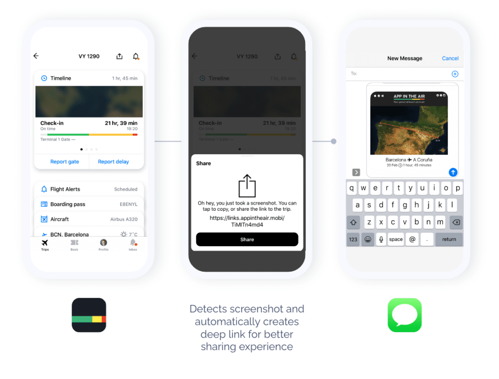 Three mobile devices. The first one showing the App in the Air app, the second showing that the app can detect a screenshot and automatically creates a deep link for a better sharing experience, and the third showing the deep-linked text message to a friend.