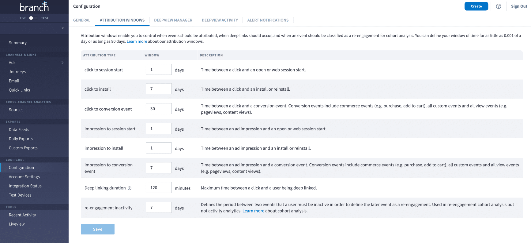 Screenshot of a Branch dashboard showing the attribution window configuration screen