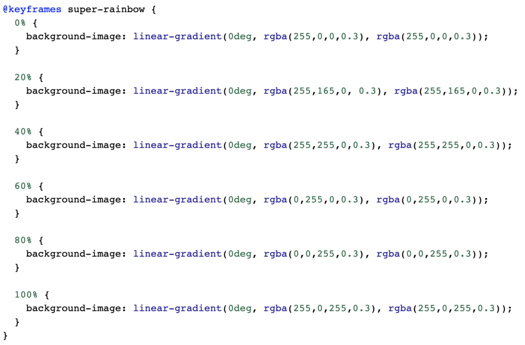 CSS snippet showing the keyframes for super-rainbow background configuration