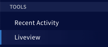 Image of the Tools section with two options: Recent Activity Liveview Currently, Liveview is highlighted.