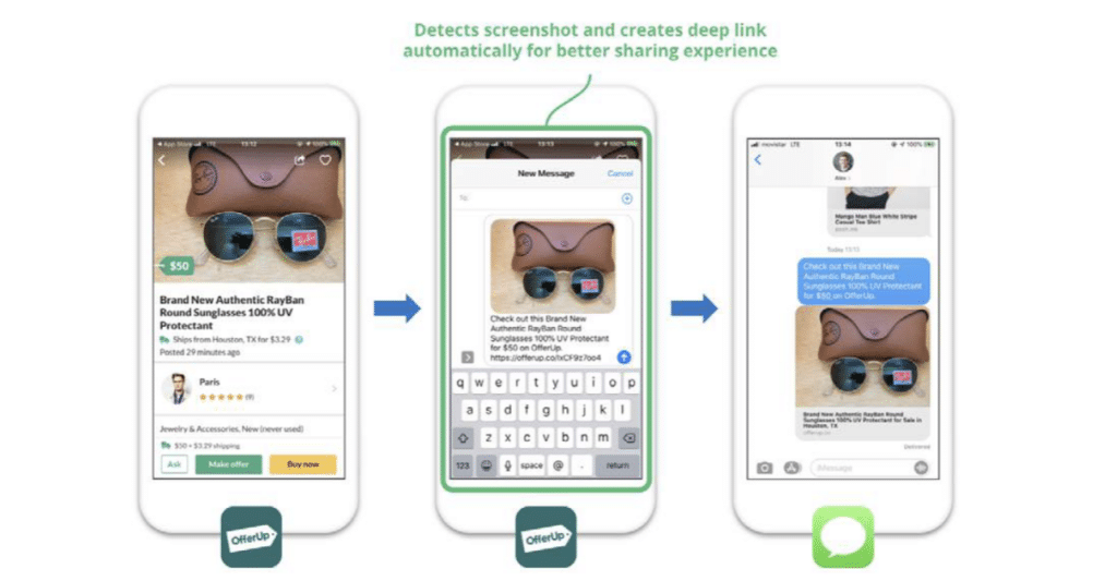 Three screenshots displayed on mobile phones showing how phones can detect a screenshot and automatically creates a deep link directly to the content within the app