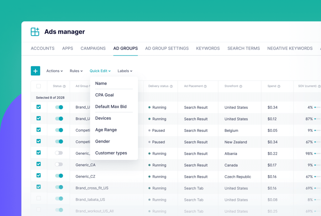 Screenshot of SplitMetrics' Ad manager dashboard highlighting the quick edit function