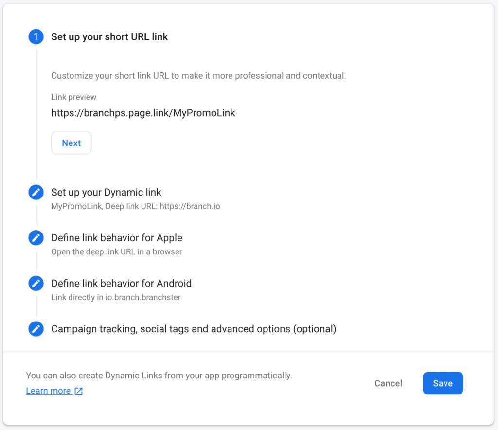 Screenshot of the steps to set up a short link, including text Set up you short link URL, Set up you Dynamic link, Define link behavior for Apple, Define link behavior for Android, Campaign tracking, social tags ad advanced options (option)