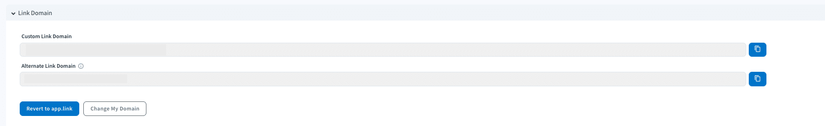 Screenshot of the Branch Link Domains fields within the Branch Dashboard.