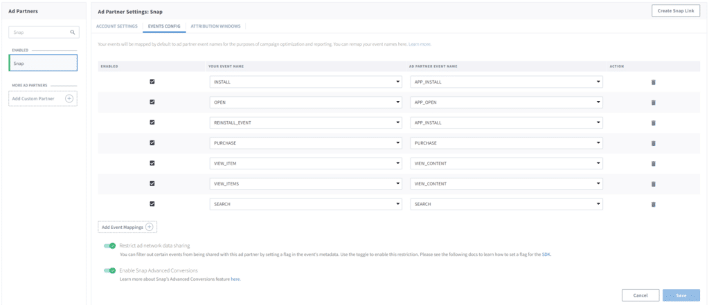 screenshot of Branch dashboard showing how to configure settings for events tracking for Snapchat