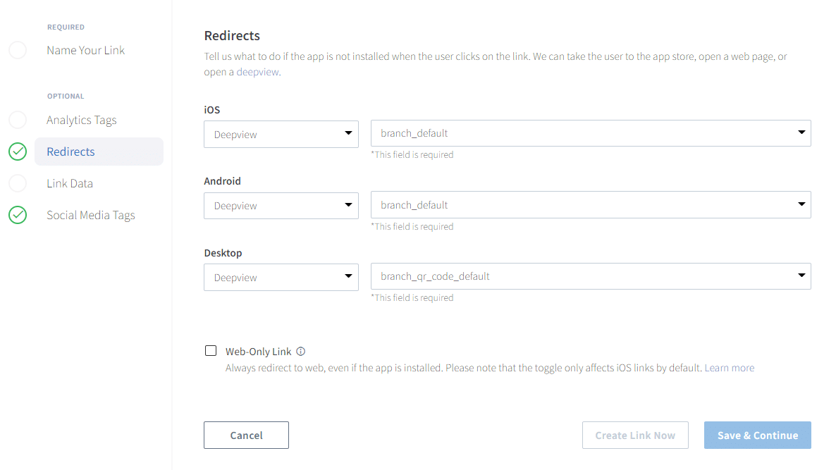 Screenshot of a Branch Dashboard showing redirect configurations for Branch Deepviews