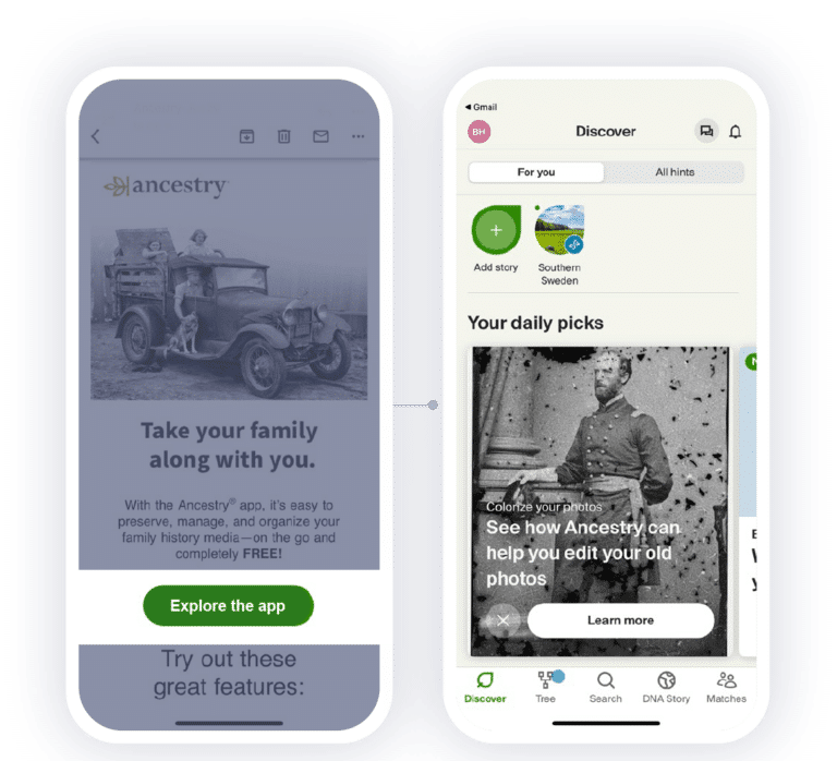 Two screenshots showing a user flow from an email to in-app content. The first image shows an Ancestry promotional email with an "Explore the app" link. The second image shows the content shown in the Ancestry app.