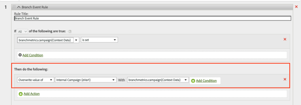 Screenshot of where you will specify that the value of your eVar1 variable’s Internal Campaign should be overwritten by the branchmetrics.campaign context data coming in from Branch.