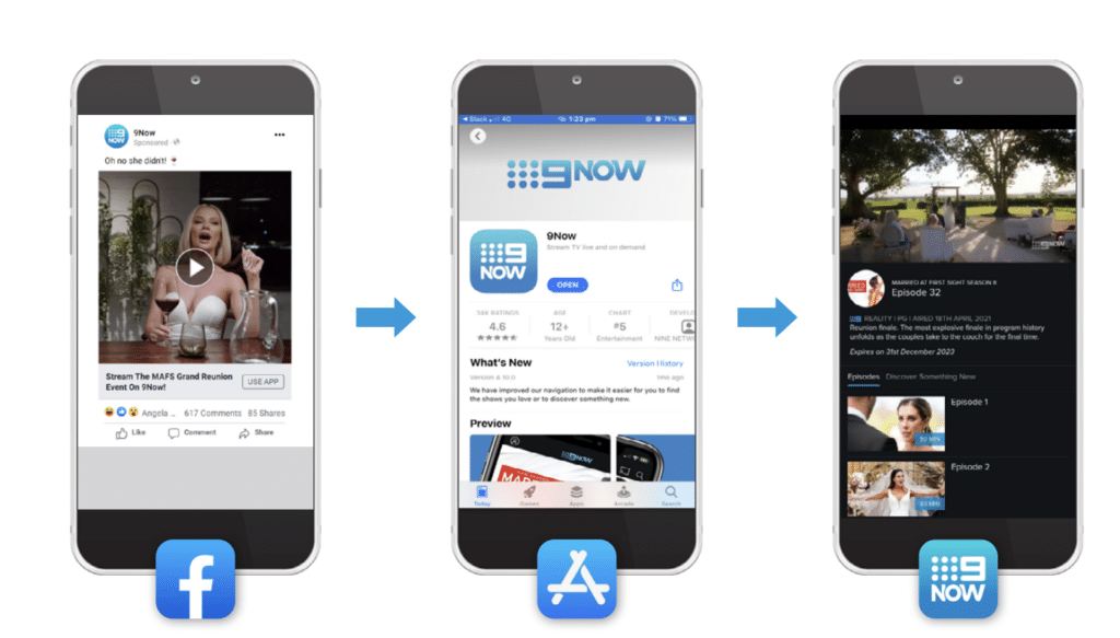 Image 1: 9Now video post on Facbook with "USE APP" link. Image 2: 9Now in app store Image 3: 9Now app showing the episode that was previewed on Facebook