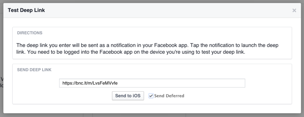 Test deep link on Facebook