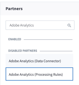 Branch dashboard screenshot of Partners area showing Adobe Analytics and Adobe Analytics (Data Connector) section