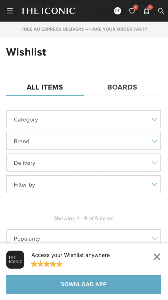 Screenshot of THE ICONIC wishlist screen with an ad to download the app.
