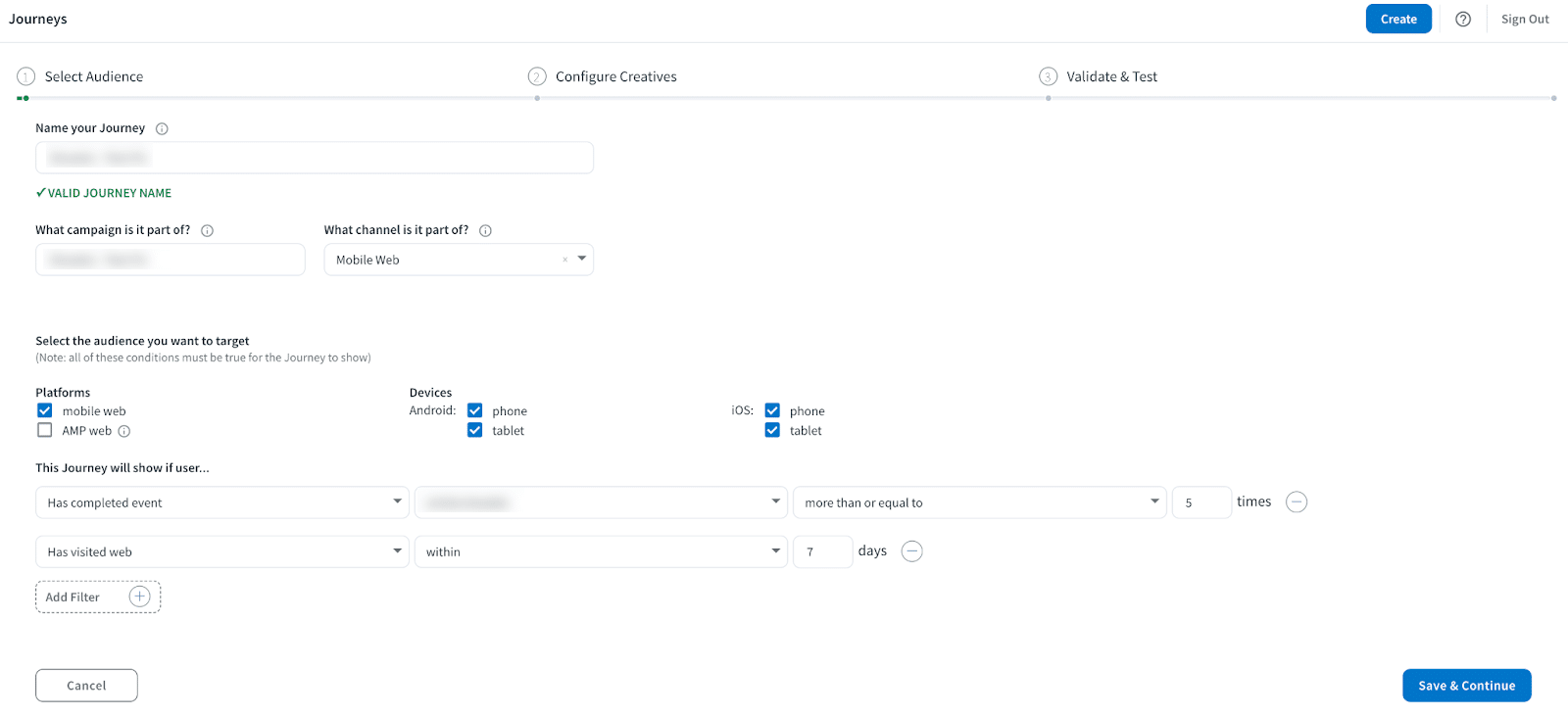 Screenshot of the Branch Dashboard UI for Journeys creation. Users first select an audience, then configure creatives, then validate & test. 