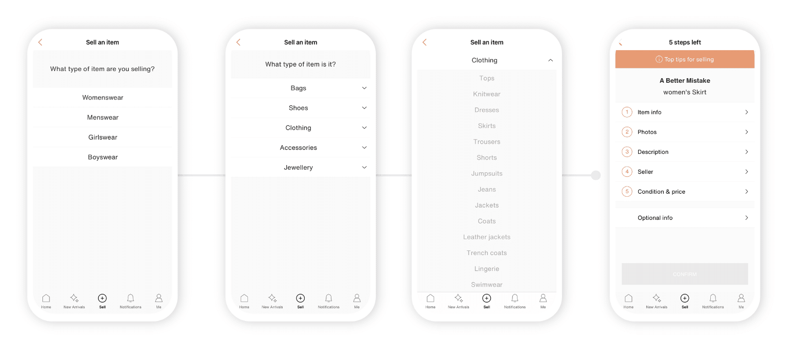 Four images showing the Vestiaire Collective onboarding process that gets users immediately answering questions regarding selling a product.