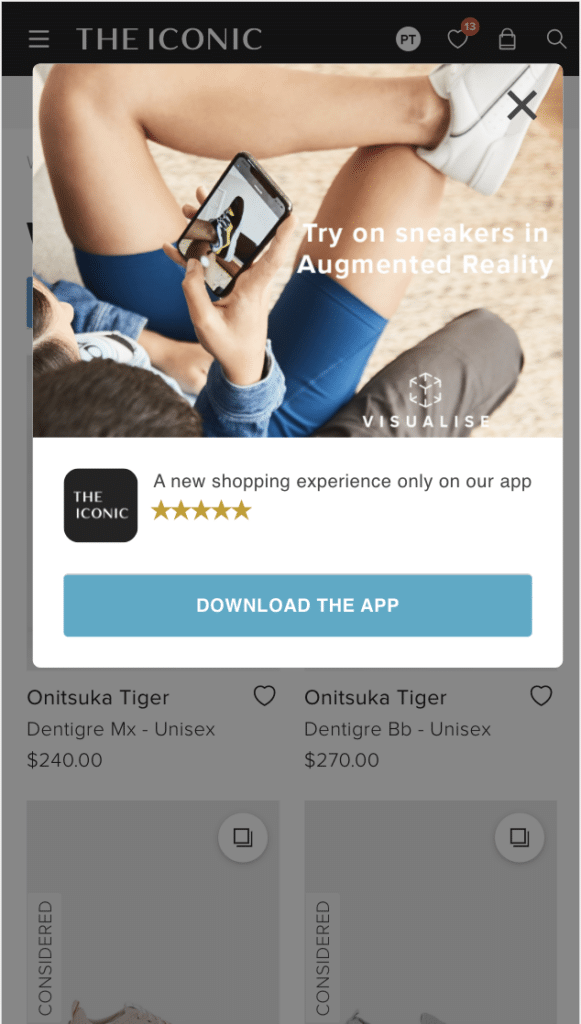 Screenshot of an augmented reality shopping experience with a call to action to download the app.