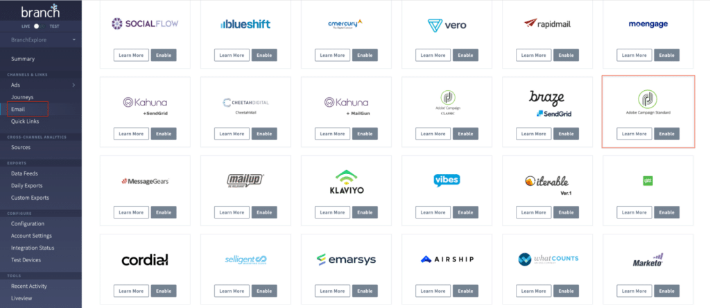 Screenshot of the Adobe Campaign Standard (ACS) integration process via the Branch dashboard.