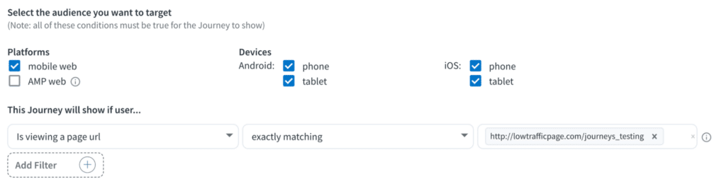 Screen clip of Journeys filtering criteria.