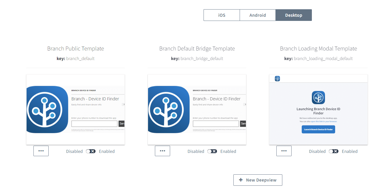 Three images showing Branch's desktop-optimized Deepviews templates