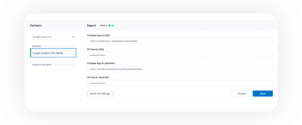 Inside Branch, under "Partners" select Google Analytics 4 for Mobile" and in the "Export" section (on the right) fill out: Firebase App ID.