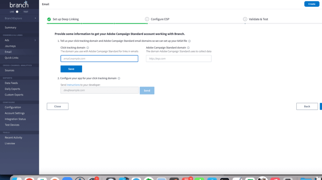 Screenshot of the Adobe Campaign Standard (ACS) integration process via the Branch dashboard.