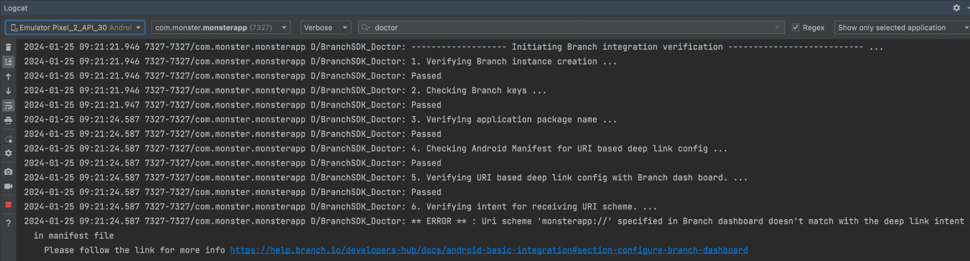 An image of information that is output to the logcat in Android Studio.