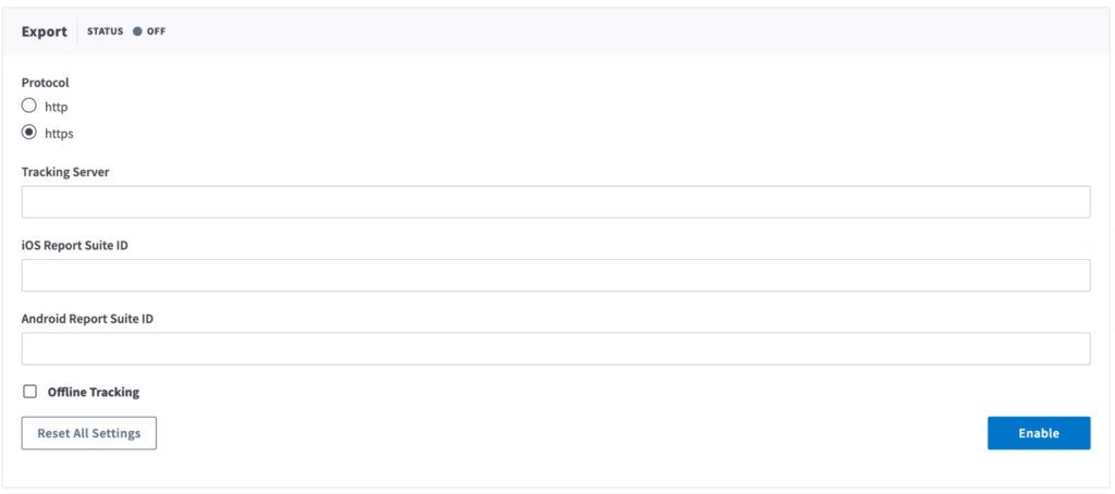 Screenshot of Branch dashboard showing the protocol, tracking server, and report suite ID (Android/iOS), offline tracking (if applicable), and the Enable button to activate the integration