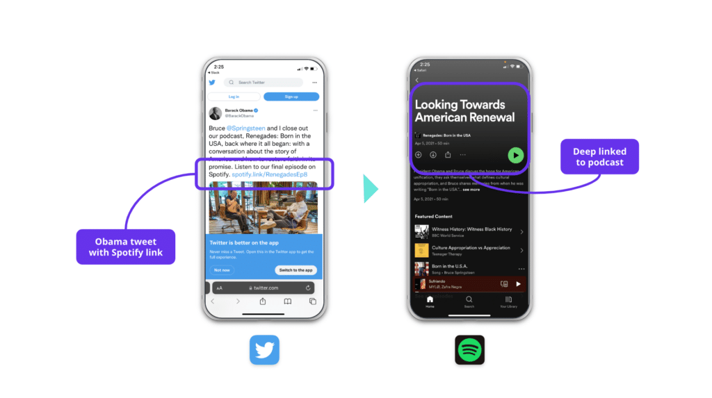 Two screenshots shown mobile phones highlighting a tweet from Obama with a Spotify deep link going directly to the Spotify podcast from Twitter