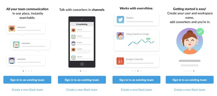 Four screens showing Slack's app onboarding process