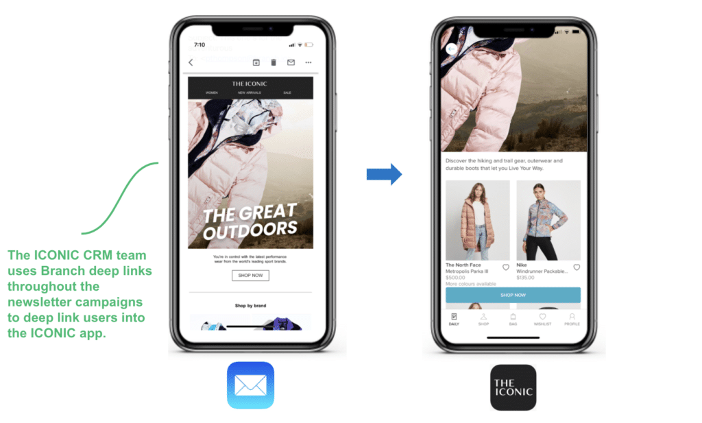THE ICONIC CRM team uses Branch deep links throughout the newsletter campaigns to deep link users to the ICONIC app as shown in these two screenshots