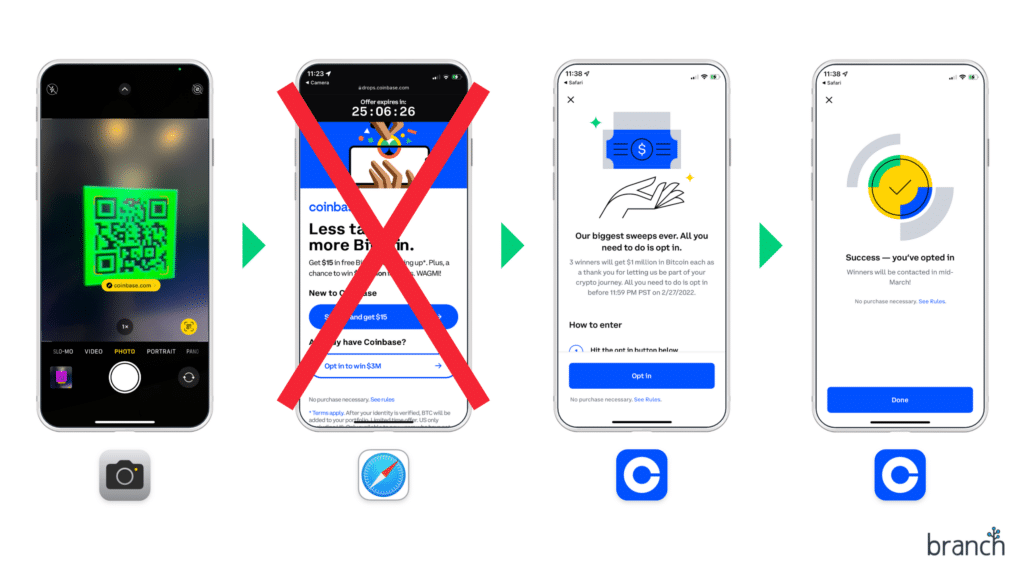 Suggested user flow for users who scanned the Coinbase superbowl QR code tv commercial 