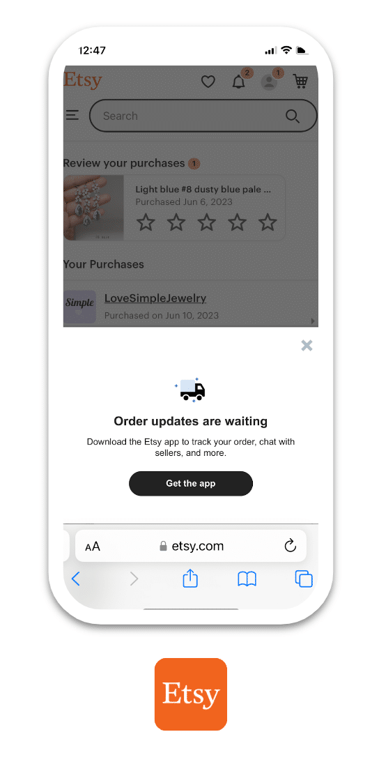 Screenshot of the Etsy mobile website with a pop up that informs the buyer they can track their order with the Etsy app, along with a call to action to get the app.