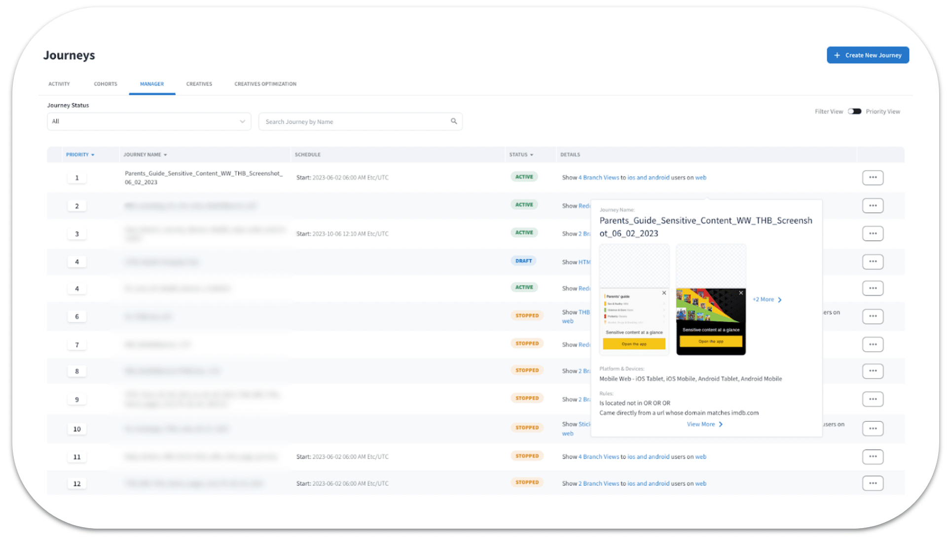 A web browser screenshot of the Journeys dashboard manager where you select your priority ranking.