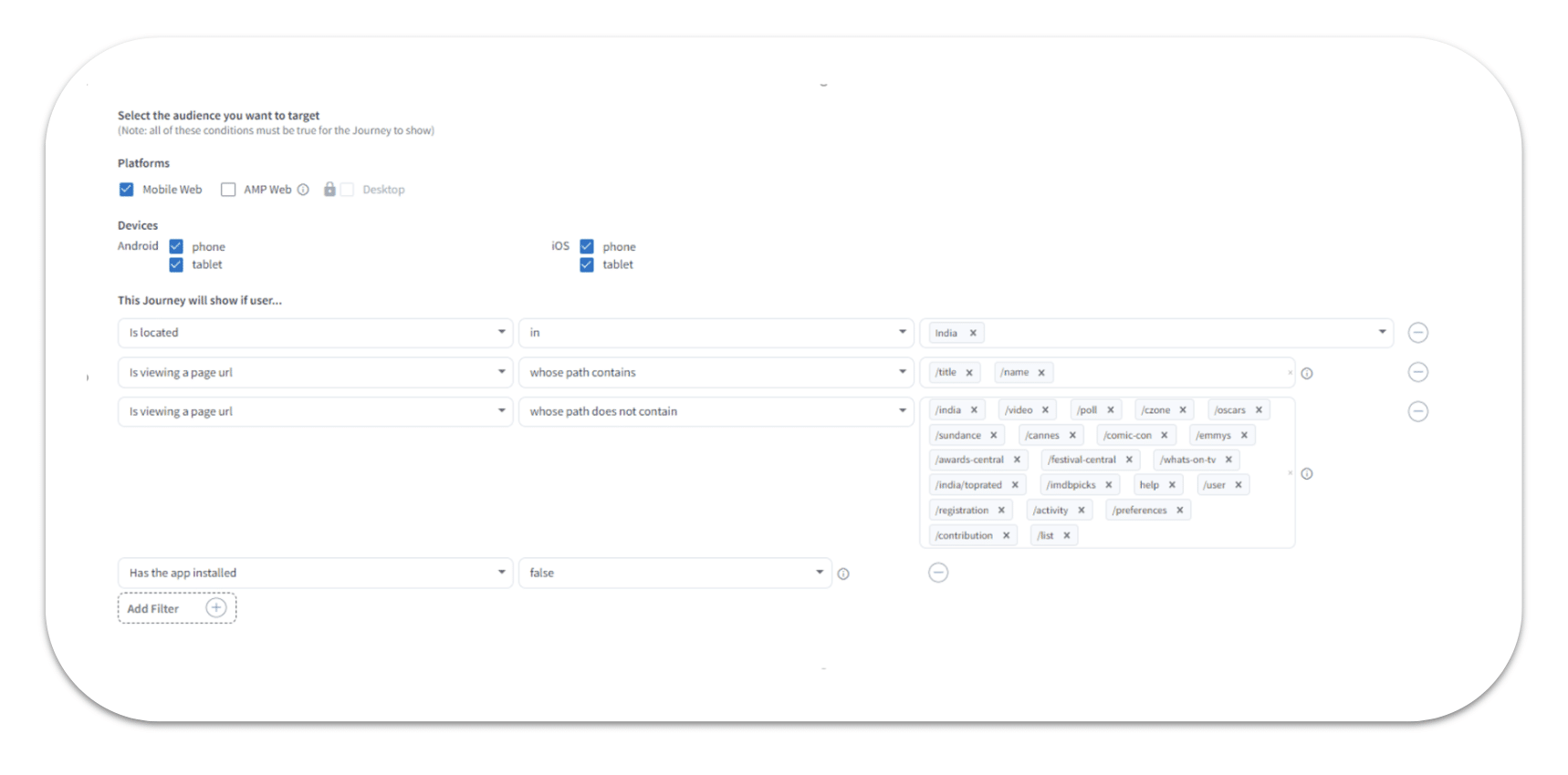 A web browser screenshot from Branch Journeys showing the options when selecting the audience that you want to target for your banners.